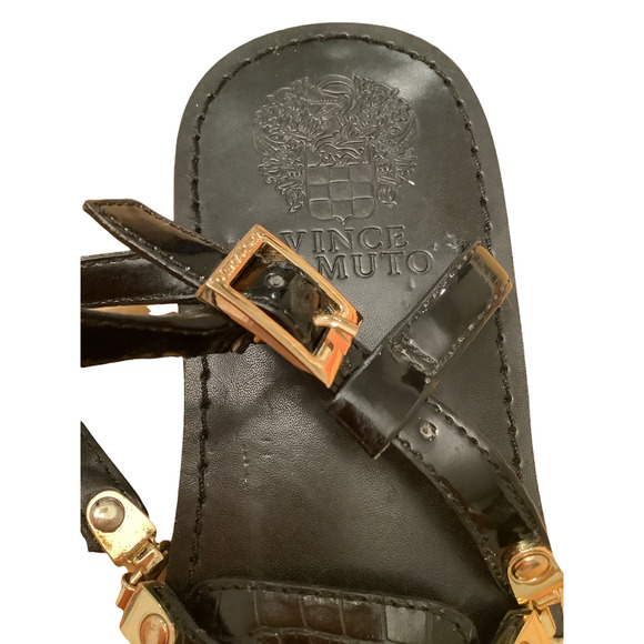 VINCE CAMUTO “ITELLI” CROC EMBOSSED BLACK LEATHER SANDALS 9M - Picture 7 of 10